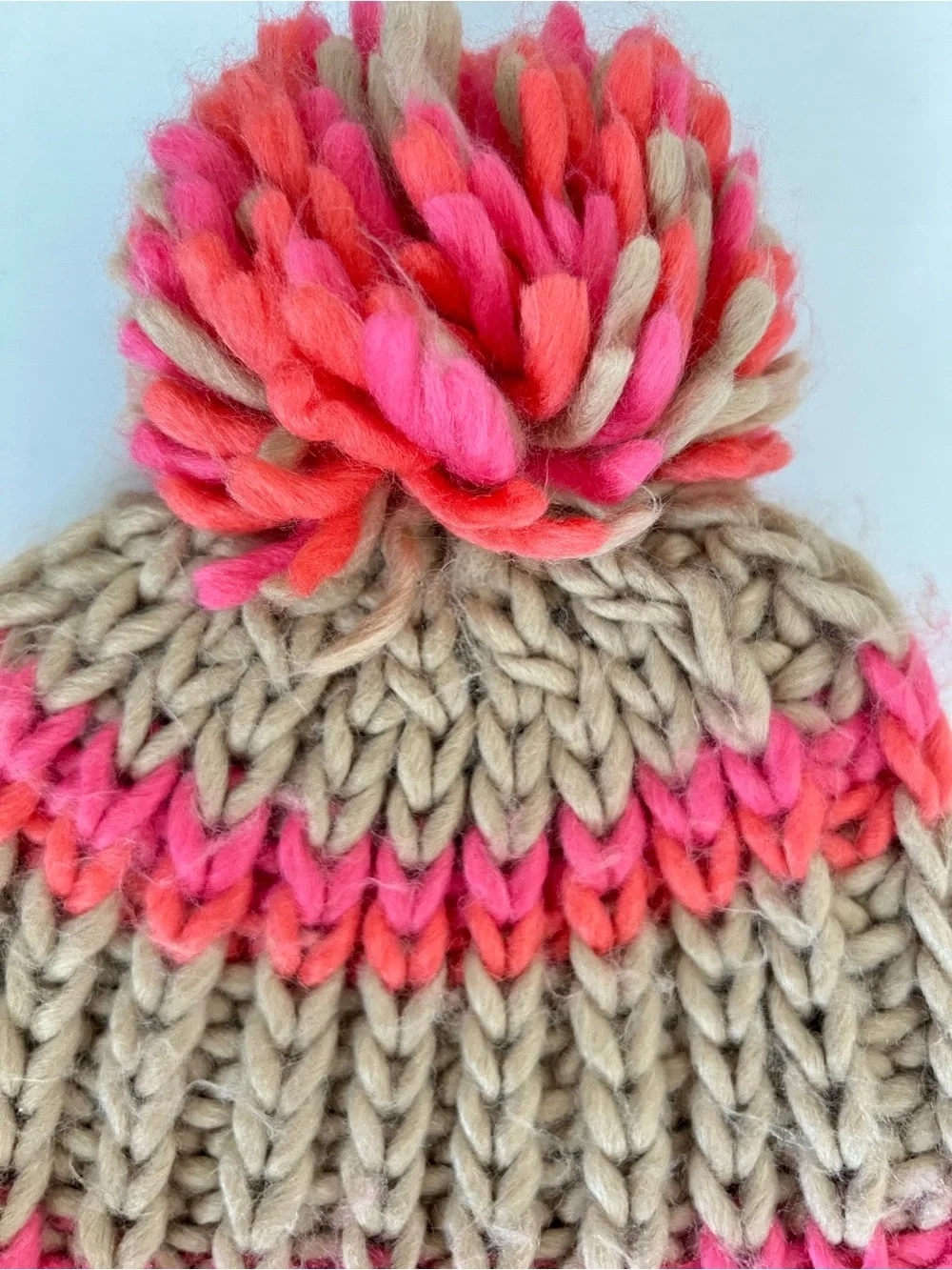Free People tan brown pink orange striped slouchy pom pom beanie one size - Picture 4 of 6
